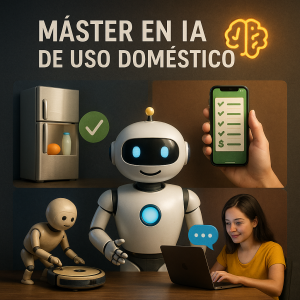 "Portada del curso 'Máster en IA de Uso Doméstico' con estilo fotorrealista. En el centro hay un robot amigable con ojos iluminados. A su alrededor, se muestran escenas de aplicaciones prácticas de la inteligencia artificial en el hogar: una nevera inteligente con alimentos, una mano sosteniendo un móvil con lista de tareas completadas, un robot aspirador en funcionamiento y una mujer joven usando un portátil. El fondo es cálido y moderno, con el título del curso en letras blancas y un ícono de cerebro iluminado en naranja."